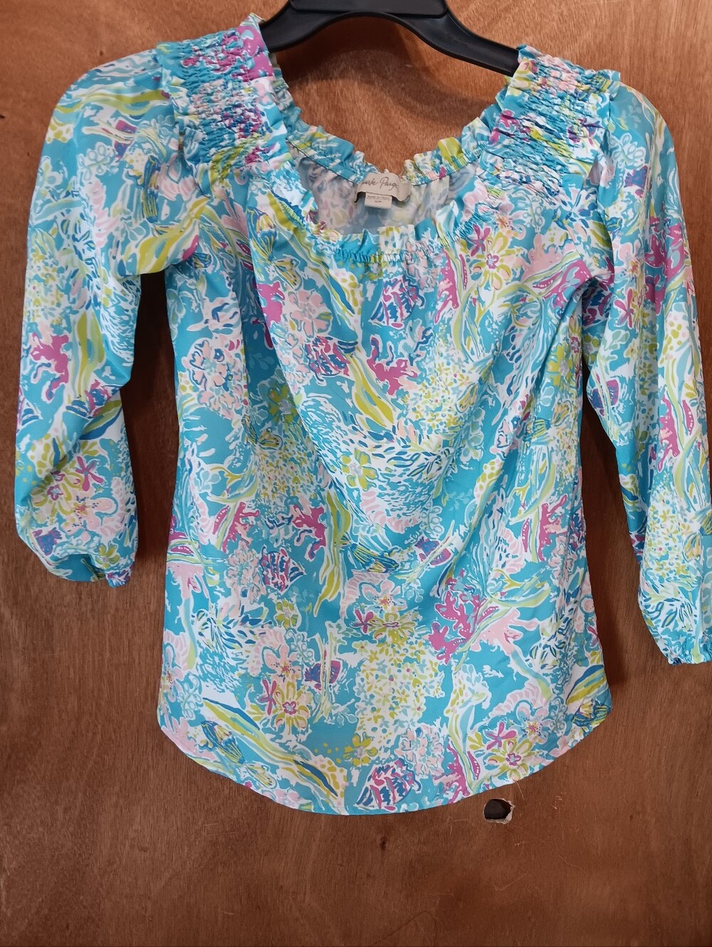 Charlie Paige Aqua Floral Smocked Neck Blouse